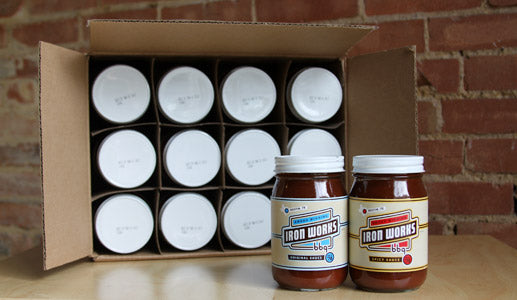 Iron Works BBQ Sauce Combo Case (6-16 ounce spicy sauce and 6-16 ounce original sauce bottles)